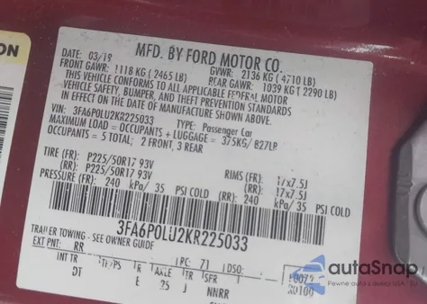 2019 Ford Fusion Se z USA, uszkodzony, nr VIN 3FA6P0LU2KR225033